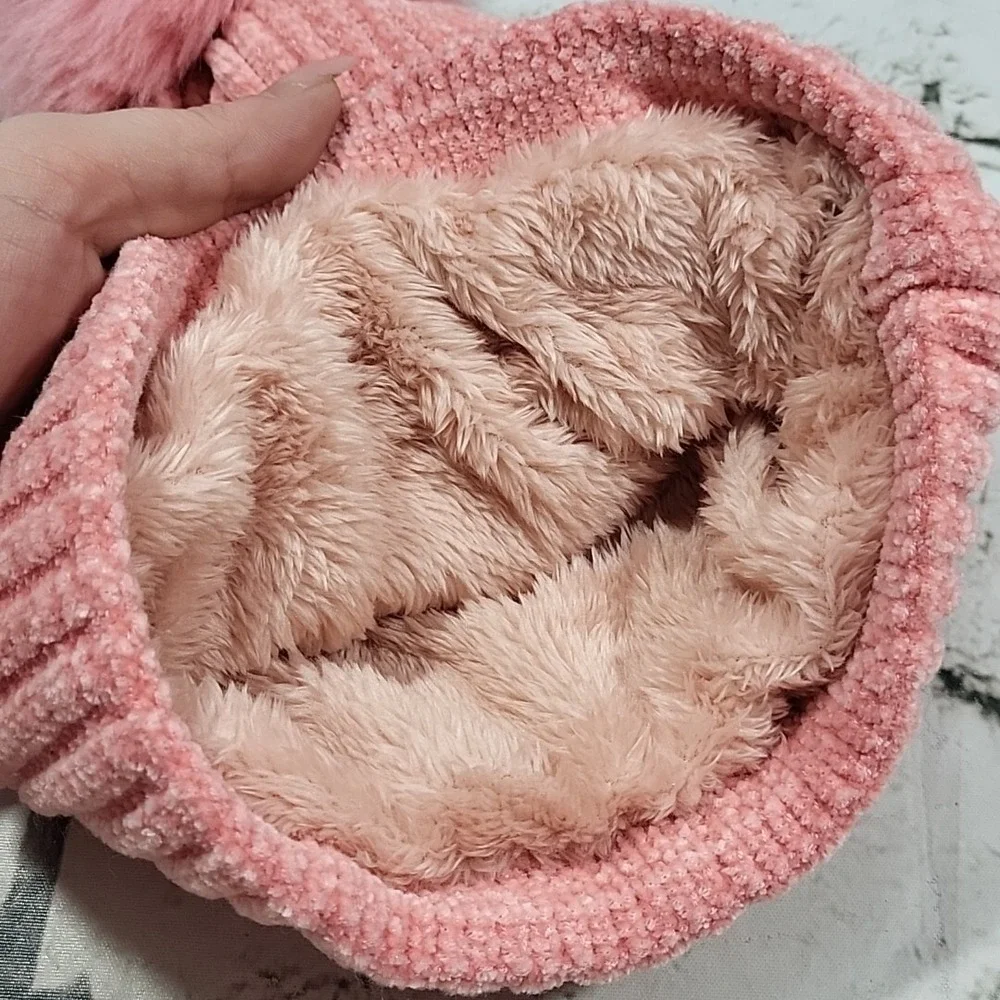 KMZ Beanie Hat Womens Blush Pink Chenille Knit Faux Fur Lined PomPom Ski Cap